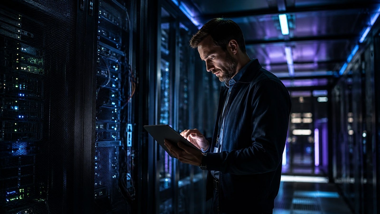 IT specialist reviewing systems on a tablet in a server room